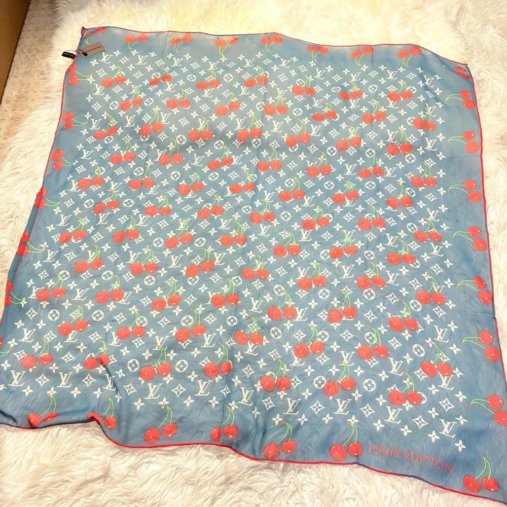 LOUIS VUlTTON 100% silk cherry print monogram scarf 40inchx40 custom made